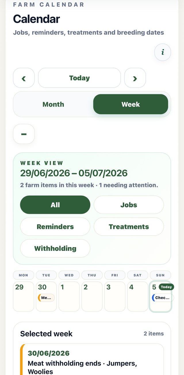 My Block Hand Farm Calendar screen, showing a real week's jobs and withholding periods