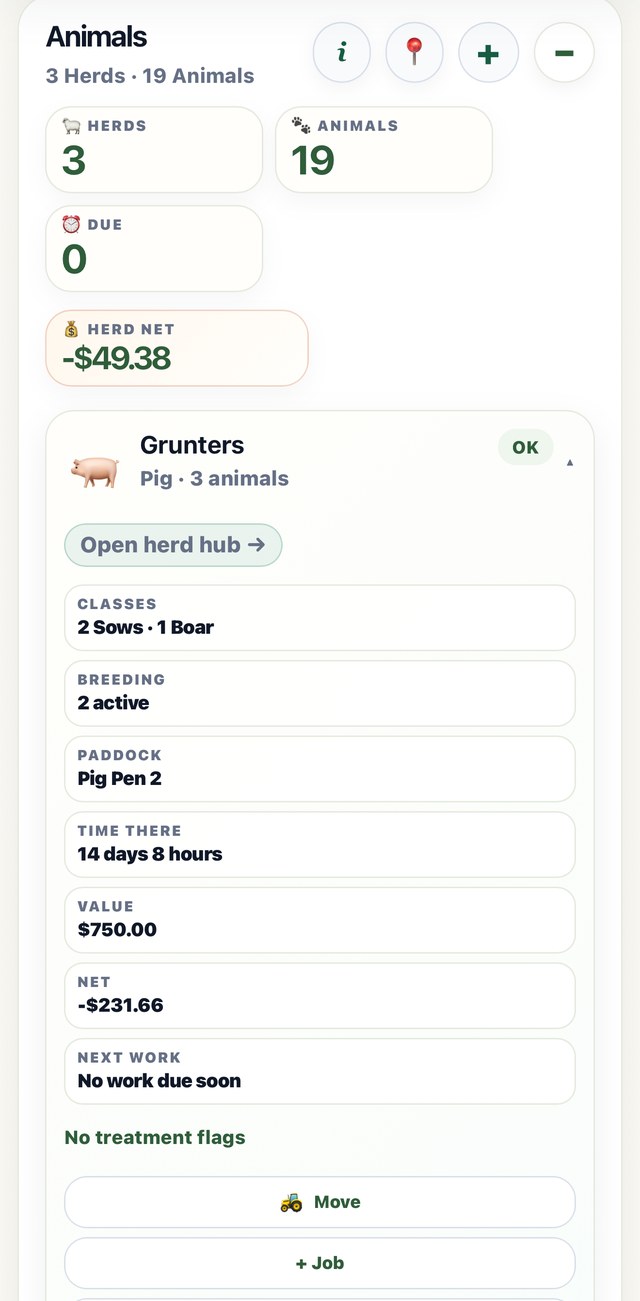 My Block Hand Animals screen, showing real herds on a Northland lifestyle block
