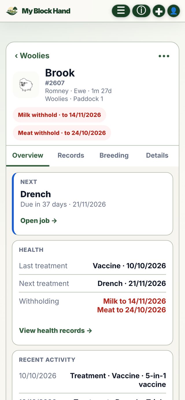 My Block Hand animal record for a Romney ewe, showing milk and meat withholding dates and her next drench