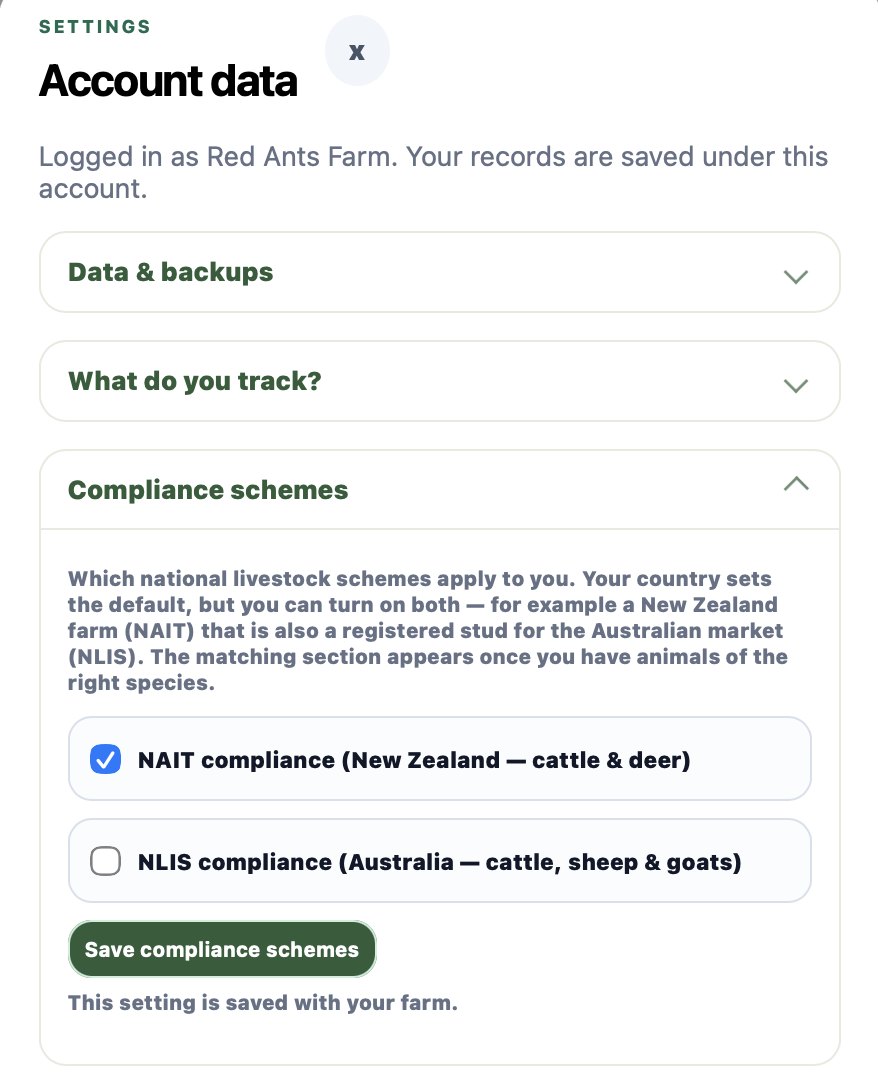 Settings > Compliance schemes, with NAIT compliance ticked and NLIS unticked