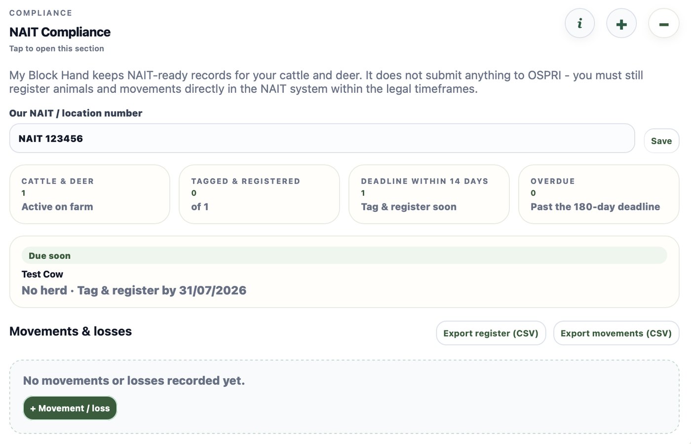 The NAIT attention list showing an animal due for tagging