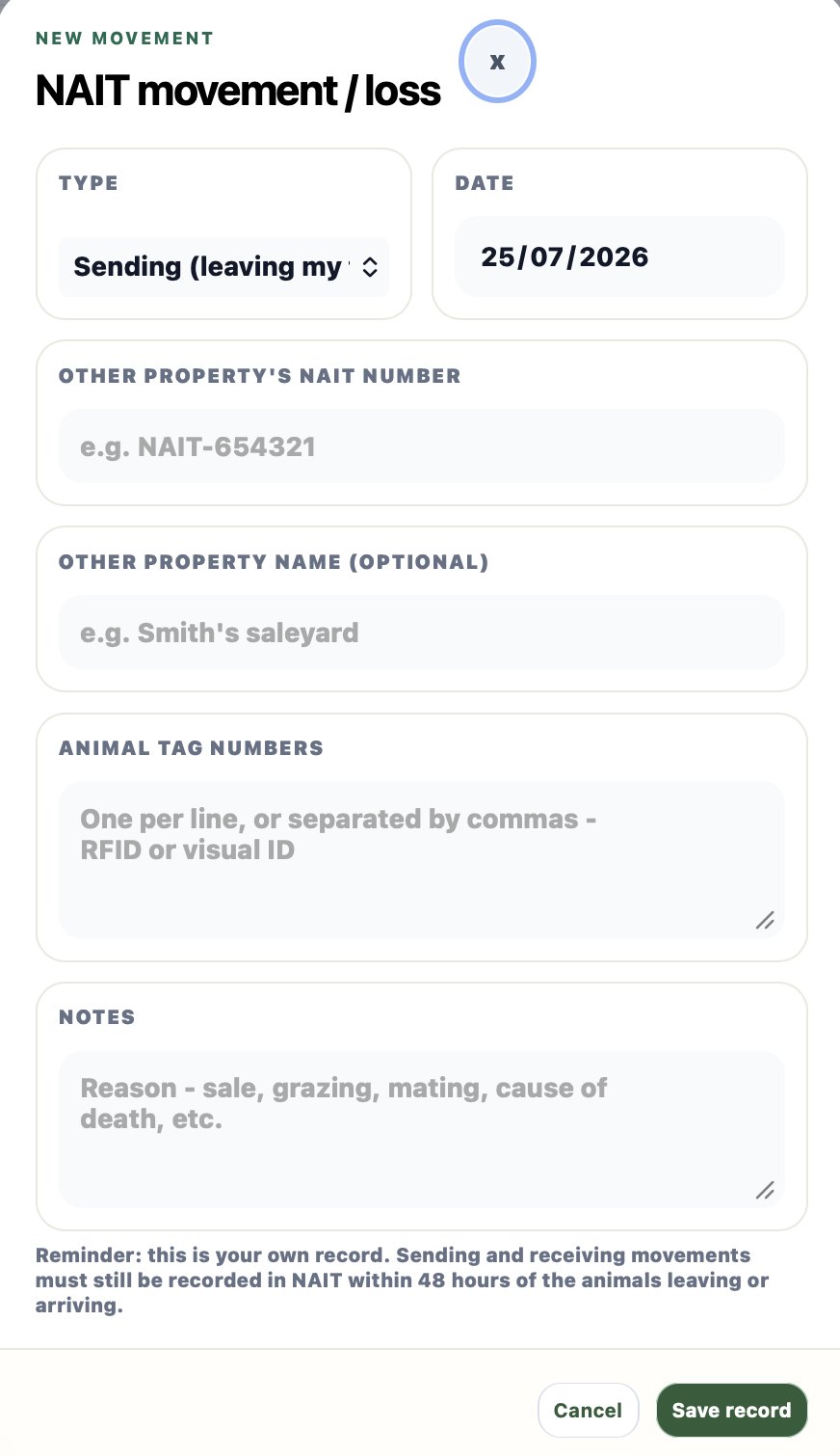 Logging a NAIT movement or loss in My Block Hand