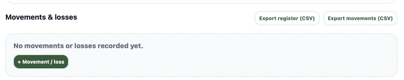 The Export register and Export movements CSV buttons